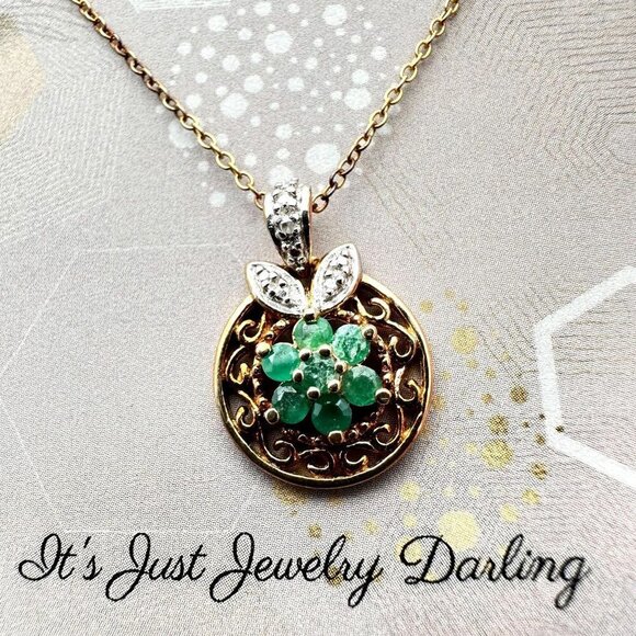 Womans Necklace 18K Gold Plated Sterling Silver Emerald Diamond Original Tag - Picture 1 of 4